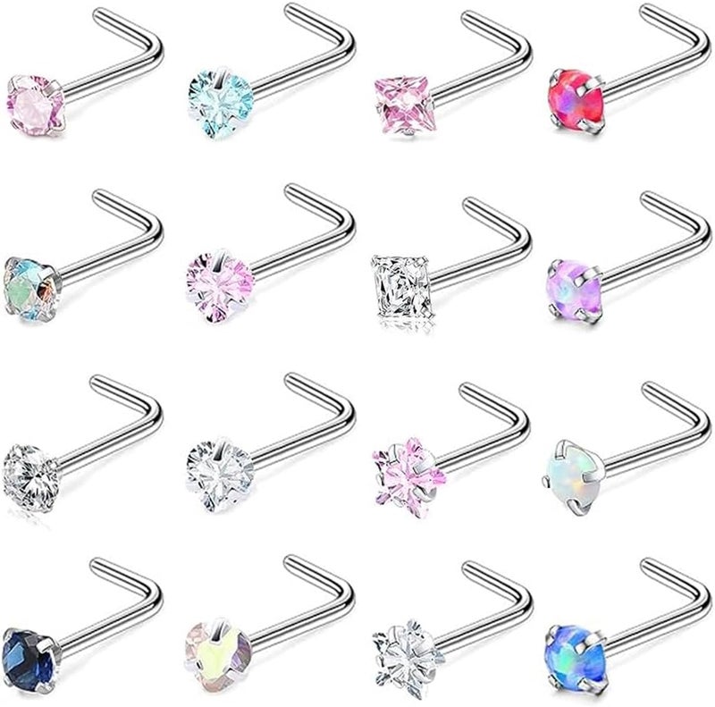SEEDRILL Nose Rings Studs for Women 16Pcs 18g/20g Nose Studs Hypoallergenic 316L Surgical Steel Nose Piercings Jewelry 3mm CZ & Opal Nose Ring L Shape Nose Stud 20 Gauge Nose Screw Studs - Image 1